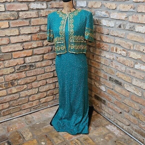 Laurence Kazar Vintage turquoise & gold beaded silk maxi gown size Medium - Picture 1 of 11